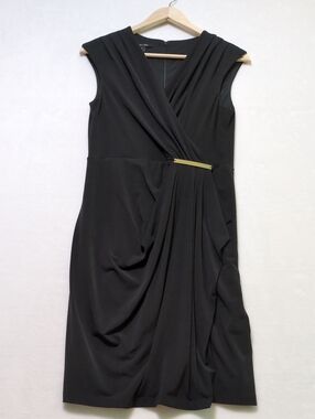 Ivy + Blu Draped Faux Wrap Sheath Dress 6 Black Gold Bar Accent Knee Length LBD